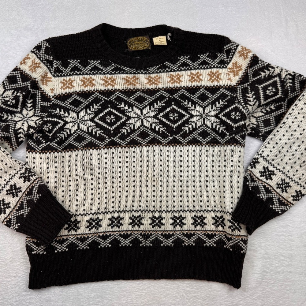 Vintage Sweater Emporium Nordic Fair Isle Knit Crewneck Sweater Black Tan Mens M